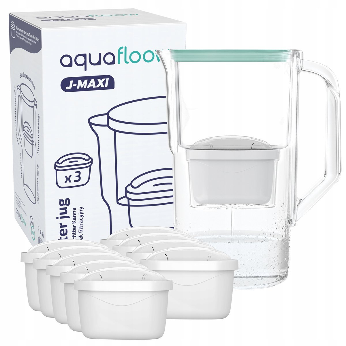 Plastikowy dzbanek filtrujący AquaFloow J-MAXI 2,5l miętowy + 10x filtr