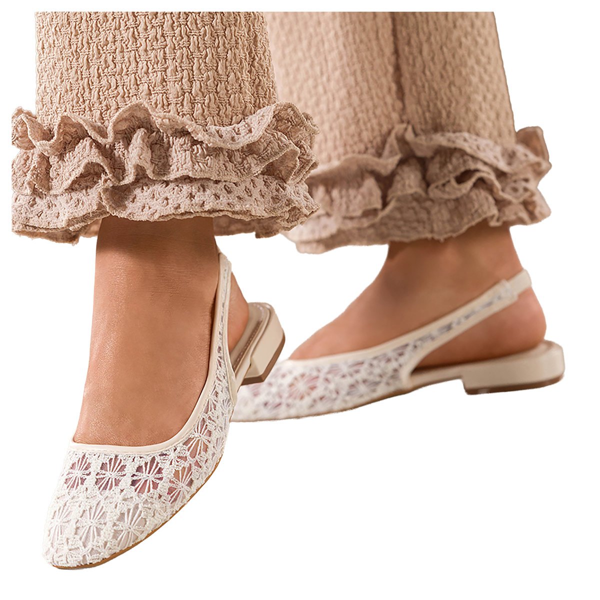 Jasnobeżowe baleriny damskie z odkrytą piętą haftowana siateczka w pasku elastyczna guma Carla JJ-711-37