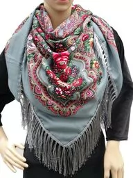 Chusta góralska ludowa folk kwiaty szara z różem - Apaszki i szaliki damskie - miniaturka - grafika 1