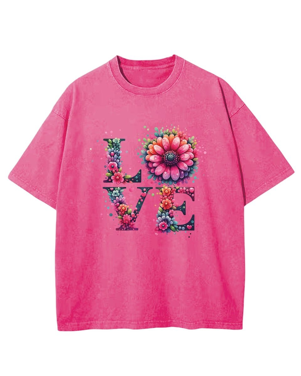 Damska koszulka oversize efekt sprania Miłość Love Kwiaty Różowa 3XL