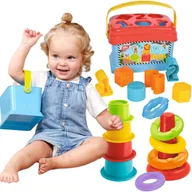 Sortery dla dzieci - ABC Koszyk z pokrywką Zestaw Sorter z klockami + wieża i piramidka - miniaturka - grafika 1