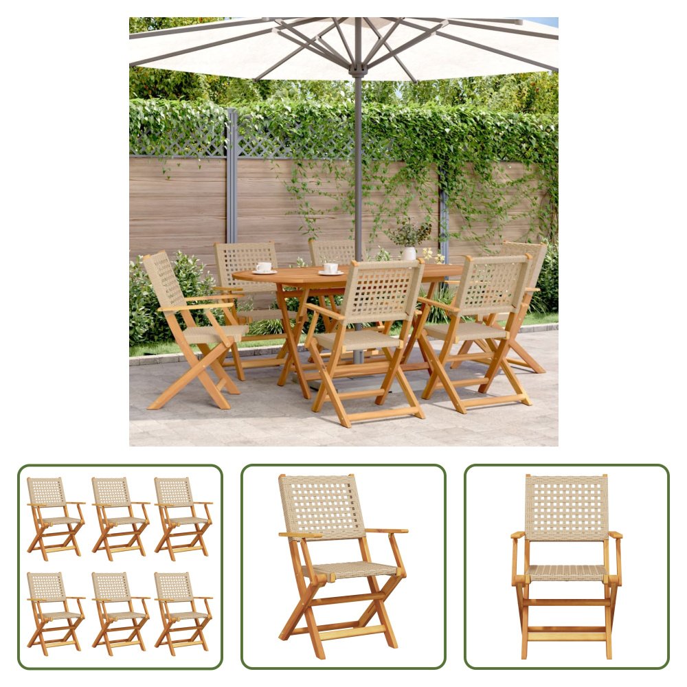 The Living Store Krzesła ogrodowe 6 szt. Składane Beżowy Poli Rattan i Lite Drewno