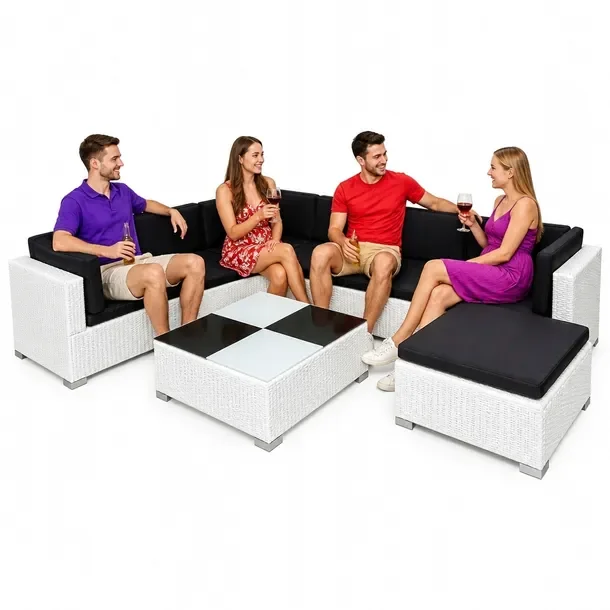 Rattanowy zestaw mebli ogrodowych biały z czarnymi poduszkami 280x210x53,5