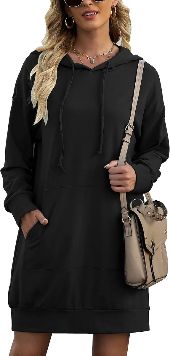 BLUZA DAMSKA DŁUGA KAPTUR SUKIENKA DRESOWA CZARNA OVERSIZE KIESZENIE