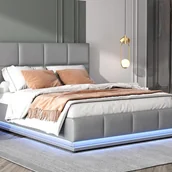Meble do sypialni - Łóżko z tapicerowanym stelażem 140x200 cm z oświetleniem LED - z ekoskóry - Szare - miniaturka - grafika 1