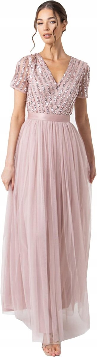 MAYA DELUXE SUKIENKA WIECZOROWA TIULOWA Z CEKINAMI BEŻOWA PLUS SIZE 42 7CA