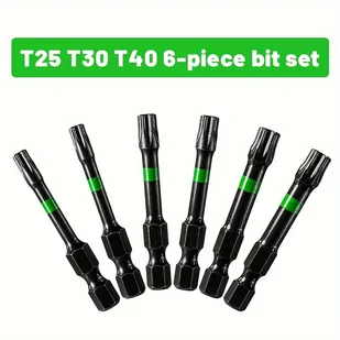 TEMU Zestaw 6 szt. Końcówek śrubokręta udarowego T25, T30, T40, wykonanych z materiału S2, odpowiednich do produktów plastikowych, drewnianych, - Inne - miniaturka - grafika 1