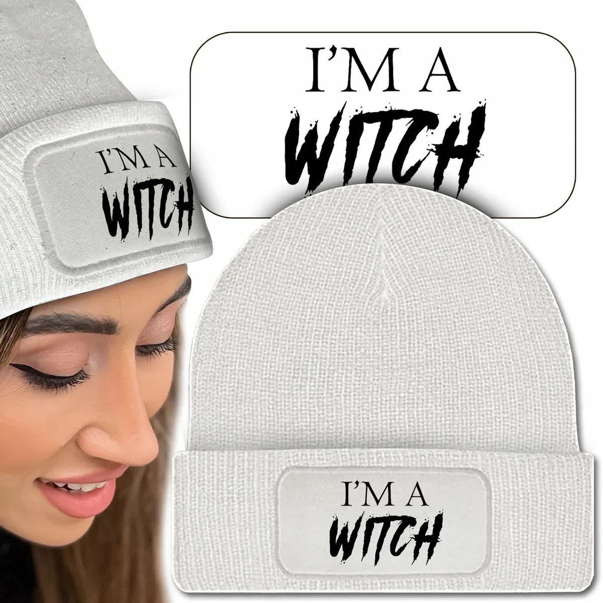 Ciepła Czapka Zimowa Biała CZAROWNICA WITCH Wzory