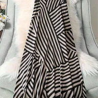 Spódnice - TEMU Damska elegancka spłaszczona spódnica z paskiem w paski - długa, czarno-biała spódnica z paskiem w paski, idealna na wiosnę/leto/jesień, od - miniaturka - grafika 1