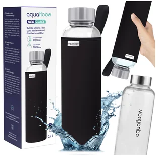 AquaFloow: butelka szklana czarne etui 700 ml butelka na wodę szklana - Shakery i bidony sportowe - miniaturka - grafika 1