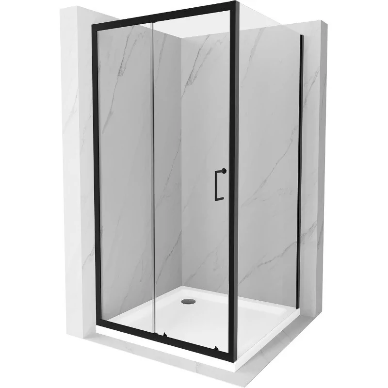 Mexen Apia kabina prysznicowa rozsuwana 100x100 cm, transparent, czarna + brodzik Flat, biały