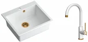 Zlewozmywaki z baterią - Quadron Zlewozmywak granitowy jednokomorowy 57*50*22 cm MORGAN 110 SNOW WHITE z miedzianym odpływem z baterią JODIE Q LINE SLIM SNOW WHITE kolor biały mat/wykończenie miedź - miniaturka - grafika 1