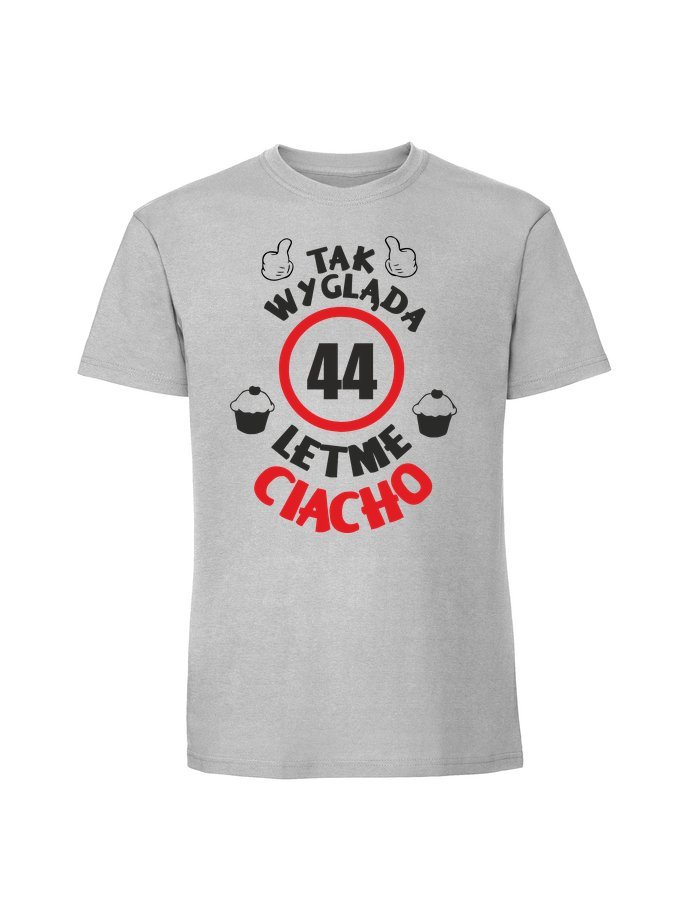 Męska koszulka z nadrukiem - 44 Ciacho + wiek 44 Pastelowy szary 3XL