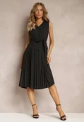 Sukienki - Czarna Sukienka Midi z Plisowanej Tkaniny z Materiałowym Paskiem Eudoxia - miniaturka - grafika 1