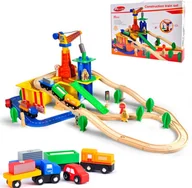 Pociągi dla dzieci - KOLEJKA DREWNIANA z dźwigiem 80el. pociąg auta TOR - miniaturka - grafika 1