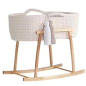 Łóżeczka i kojce - Kosz Mojżesza (KREMOWY) z materacem + 2 dekoracyjne frędzle + Bujak drewniany naturalny olejowany - miniaturka - grafika 1