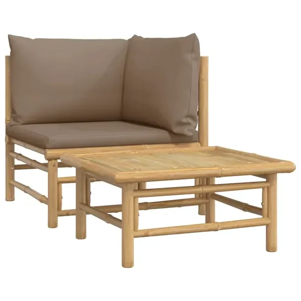 Zestaw mebli ogrodowych z bambusa z poduszkami taupe, stolik 65x55x30 cm, s