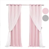 Firany i zasłony dla dzieci - 1-częściowa zasłona z woalu z oczkami do pokoju dziecięcego dwuwarstwowa nieprzezroczysta zasłona zaciemniająca z oczkami do sypialni dziewcząt, 132x213cm, różowa - miniaturka - grafika 1
