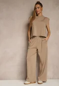 Komplety damskie - Beżowy Komplet z Wiskozą Szerokie Spodnie i Koszulka z Usztywnionymi Ramionami Neidra - miniaturka - grafika 1