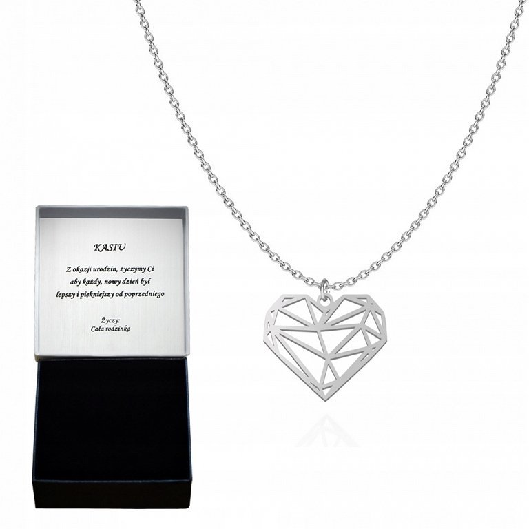 Naszyjnik Srebrny Ażurowe Serce 925 Prezent na Dzień Kobiet DEDYKACJA GRATI