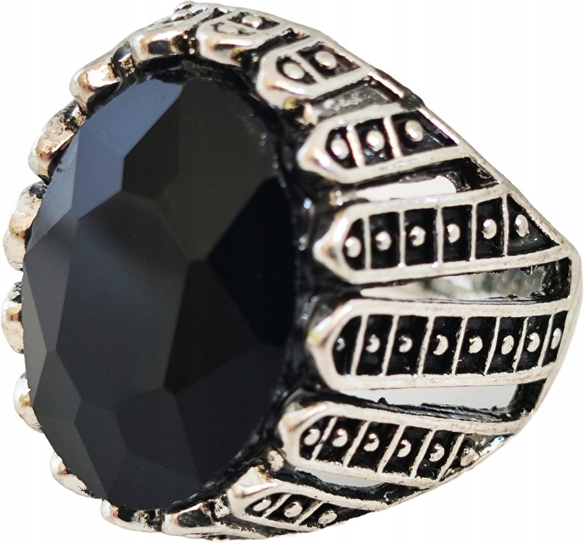 Srebrny Sygnet z Dużym Onyksem Czarny Kamień Stal Szlachetna Vintage