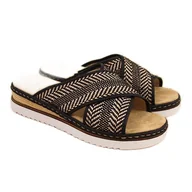 Klapki i japonki damskie - Klapki damskie na koturnie czarne Rieker 679A5 beżowy brązowe - miniaturka - grafika 1