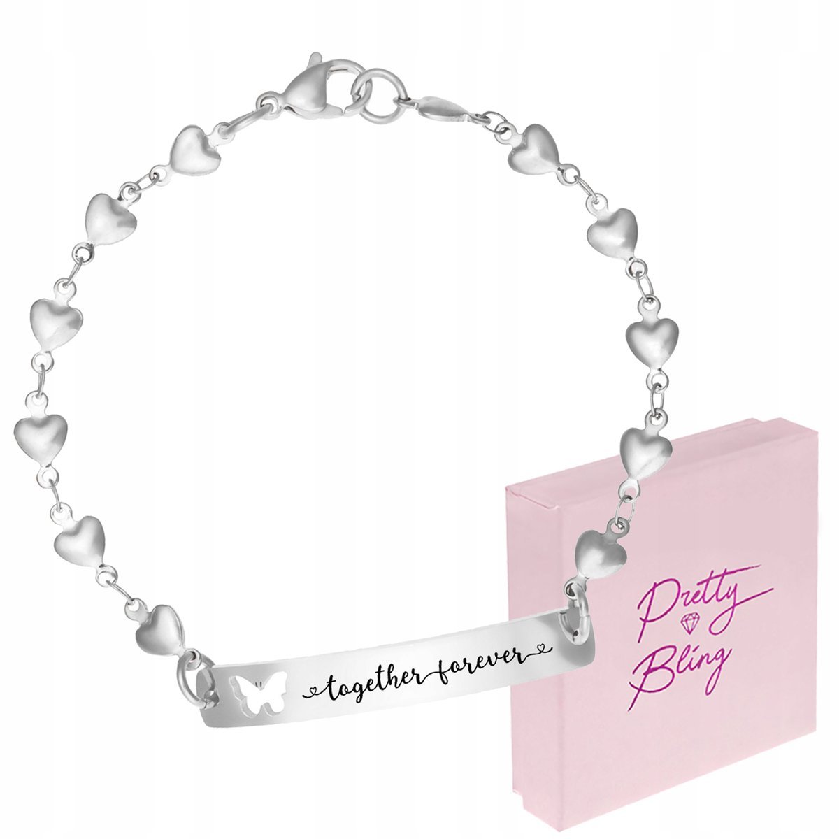 Bransoletka damska z GRAWEREM srebrna motylek SERDUSZKA STAL 316L