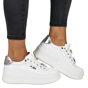 DAMSKIE SNEAKERSY PÓŁBUTY SKÓRZANE NA PLATFORMIE FILIPPO 6790 BIAŁE - Półbuty damskie - miniaturka - grafika 1