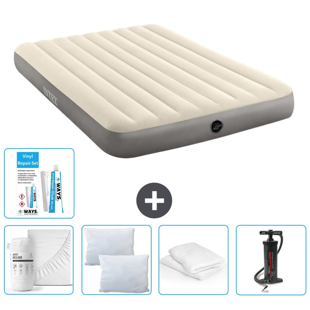Łóżko powietrzne Intex - 2 osoby - 152 x 203 x 25 cm - beżowe - w zestawie prześcieradło - pocałunek - pompka - zestaw naprawczy en ochraniacz na poduszkę