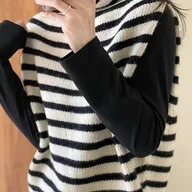 Swetry damskie - TEMU 1 szt. Elegancki kardigan z wysokim kołnierzem z akrylu dla kobiet - jesienny sezon Kolorowy blok Pasiasta dzianina, swobodny luźny krój otwarty - miniaturka - grafika 1