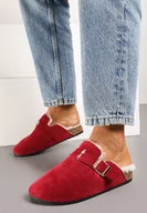 Kapcie damskie - Bordowo-Czerwone Płaskie Kapcie z Futerkiem Paskiem i Klamrą Lorninnia - miniaturka - grafika 1