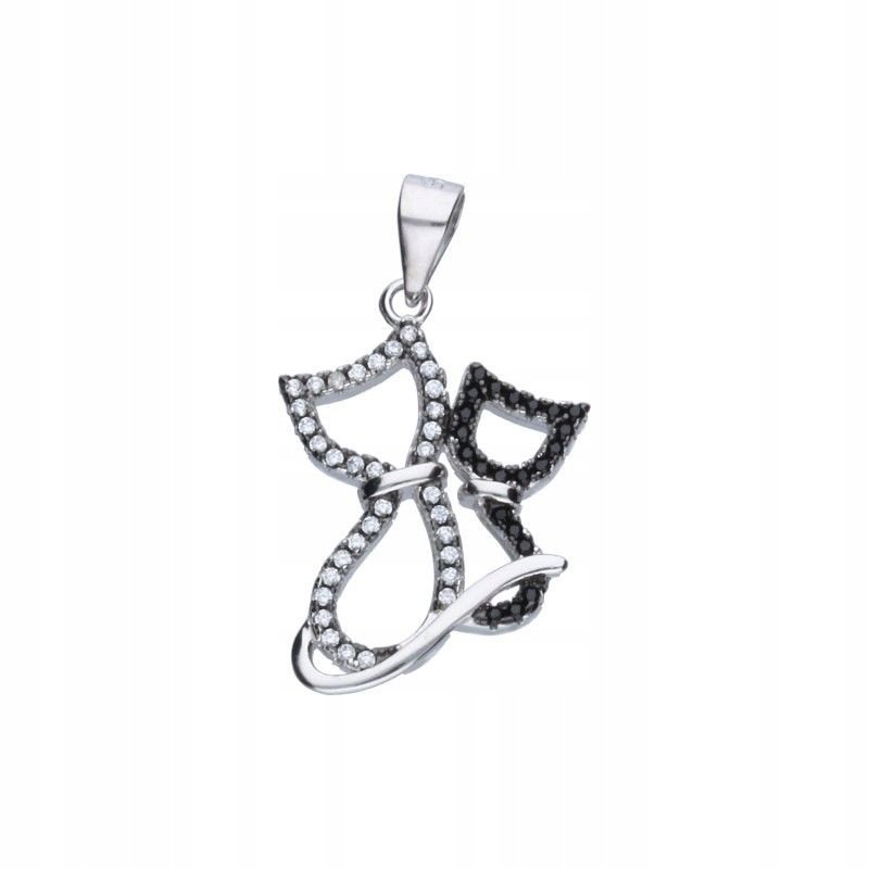 Piękna Zawieszka Srebrna 925 z Cyrkoniami - Dwa Kotki 18x16mm 2g na prezent