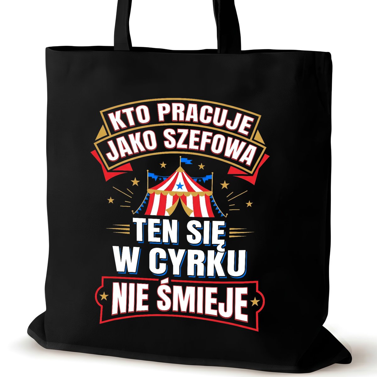 Torba bawełniana szefowej czarna na ramię napisem pracy duża cyrk