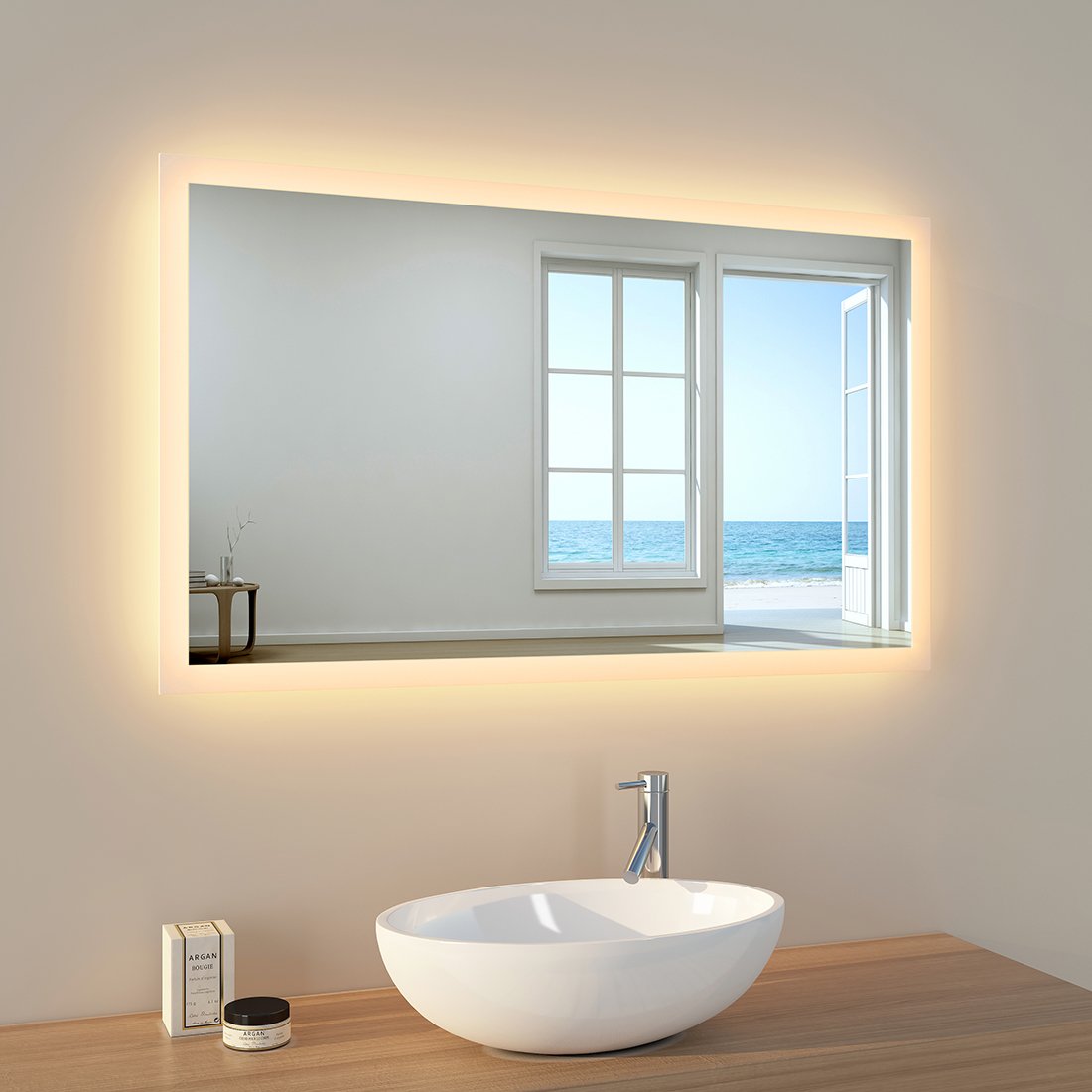 EMKE Lustro łazienkowe z oświetleniem Lustro 100x60cm Lustro ścienne 2 kolory oświetlenia Biały zimny i biały ciepły Lustro z włącznikiem przyciskowym i funkcją przeciwmgielną