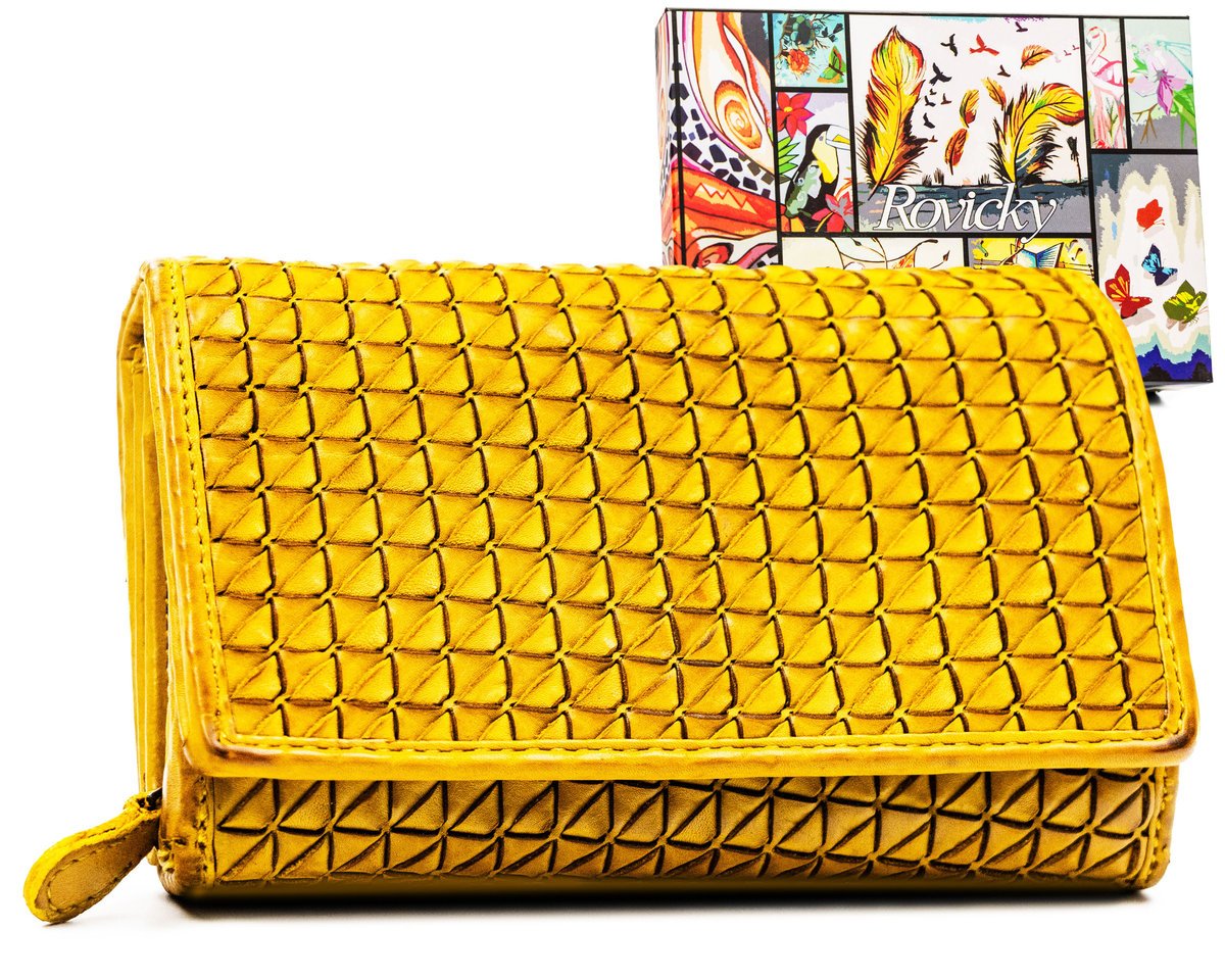 Skórzany poziomy portfel damski ROVICKY średni żółty na zatrzask rozbudowany na karty pudełko prezentowe RFID