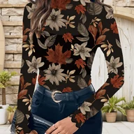 Bluzki damskie - TEMU Damska elegancka bluzka z długim rękawem i siatką z wibracyjnym fioletowym nadrukiem kwiatowym - dopasowanie, okrągły dekolt, rozciągliwy blend - miniaturka - grafika 1