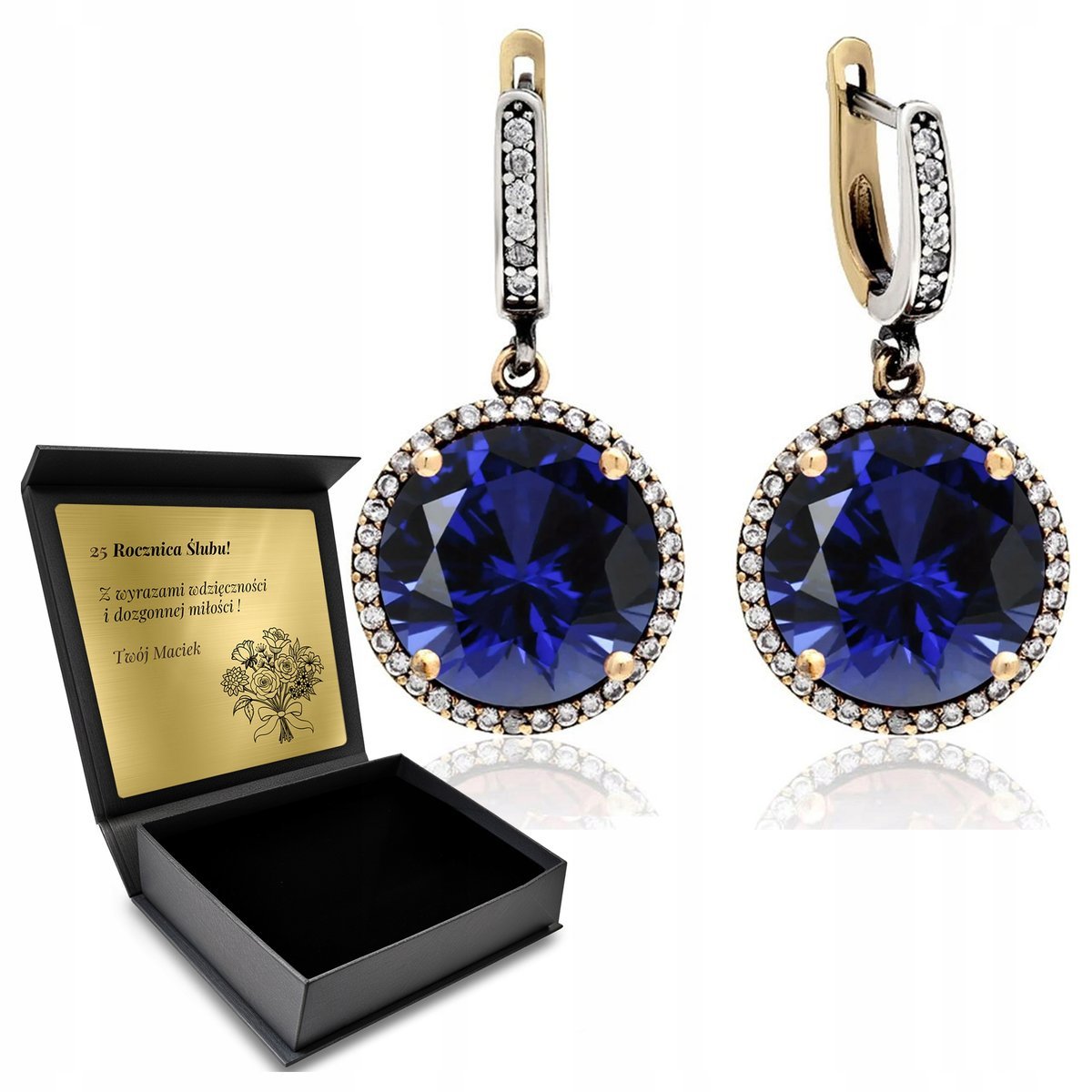 Kolczyki Srebrne 925 Z Cyrkoniami I Szafirem Dla Kobiety + Grawer