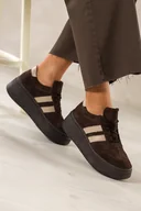 Półbuty damskie - Czekoladowe sneakersy skórzane damskie buty sportowe na platformie beżowe wstawki sznurowane PRODUKT POLSKI Casu 5967 - miniaturka - grafika 1