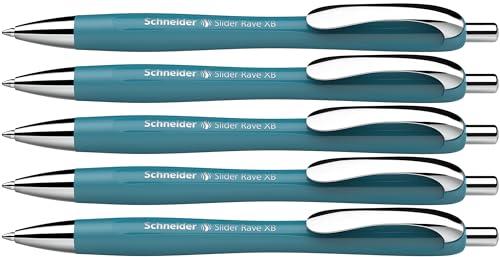 Schneider 132513 Slider Rave XB długopis (limitowana edycja specjalna w kolorze teal, Made in Germany), 5 sztuk, kolor wkładu: niebieski