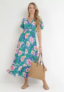 Zielona Sukienka Maxi z Kopertowym Dekoltem i Gumkami w Pasie Kelsi - Sukienki - miniaturka - grafika 1