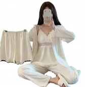 Piżamy damskie - Seksowna Biała Koronka Piżama Damska 4-Częściowa Na Guziczki Spodnie M - miniaturka - grafika 1