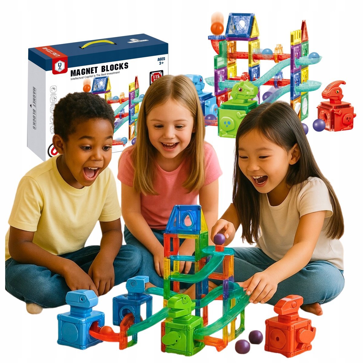 Klocki Magnetyczne Tor Kulkowy Konstrukcyjne Kulodrom Zestaw 3d 115 El 128a