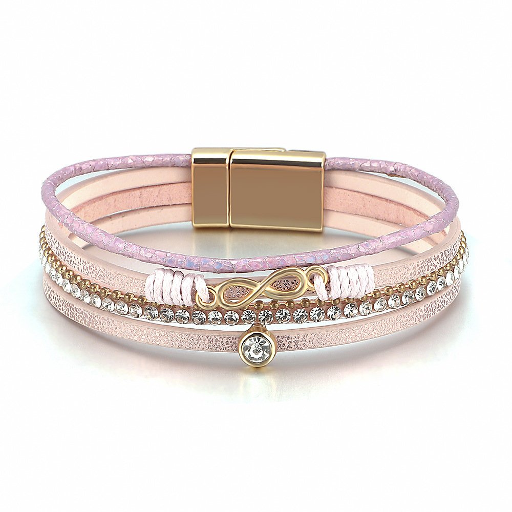 Bransoletka boho damska – różowa ze złotym symbolem nieskończoności