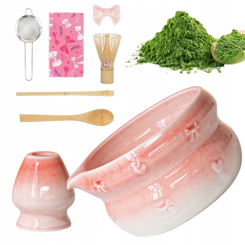 Zestaw Do Matchy 8 Elementów Bambusowy Chasen Miska Z Kwiatami Wiśni 470ML