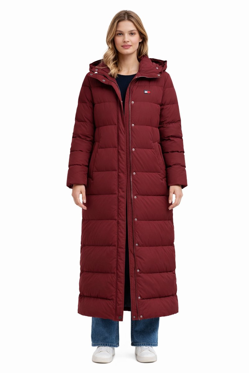 TOMMY JEANS KURTKA DAMSKA BORDOWA PUCHOWA DŁUGA ODPINANY KAPTUR S 1I4A