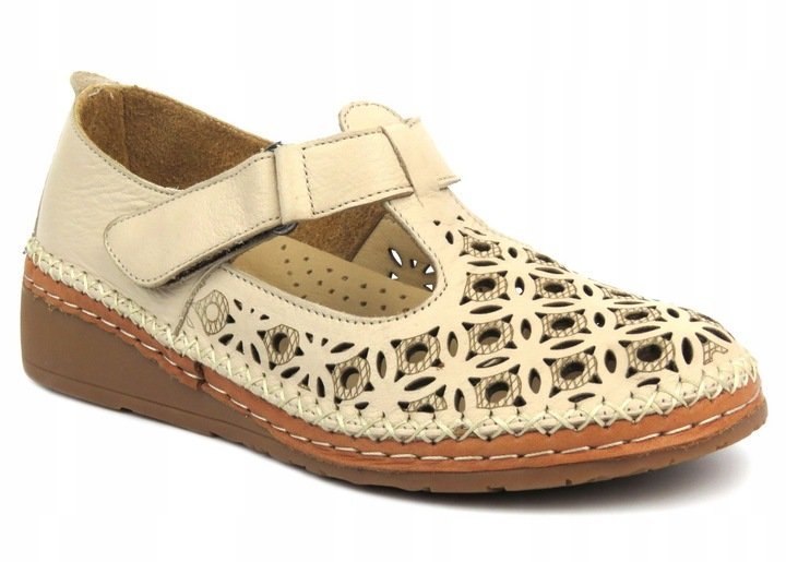 Ażurowe beżowe półbuty Comfortabel 940318-08 damskie skóra na rzep koturn