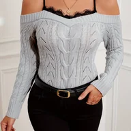 Swetry damskie - TEMU Elegancki damski sweter z długim rękawem i ozdobnymi kabelkami, wykończony koronką. - miniaturka - grafika 1