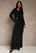Sukienki - Czarna Marszczona Sukienka Longsleeve Zdobiona Aplikacją w Talii Siweda - Renee - miniaturka - grafika 1