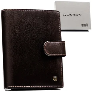 Męski pionowy portfel ze skóry naturalnej elegancki brązowy na zatrzask ROVICKY duży na karty na prezent antykradzieżowy RFID - Portfele - miniaturka - grafika 1