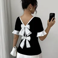 Bluzki damskie - TEMU Elegancka damska czarna i biała koszulka z falbankami i kokardami - okrągły dekolt, krótki rękaw, stylowa letnia koszulka na codzienne lub - miniaturka - grafika 1